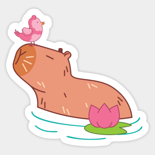 Capybara with pink bird and flower Sticker